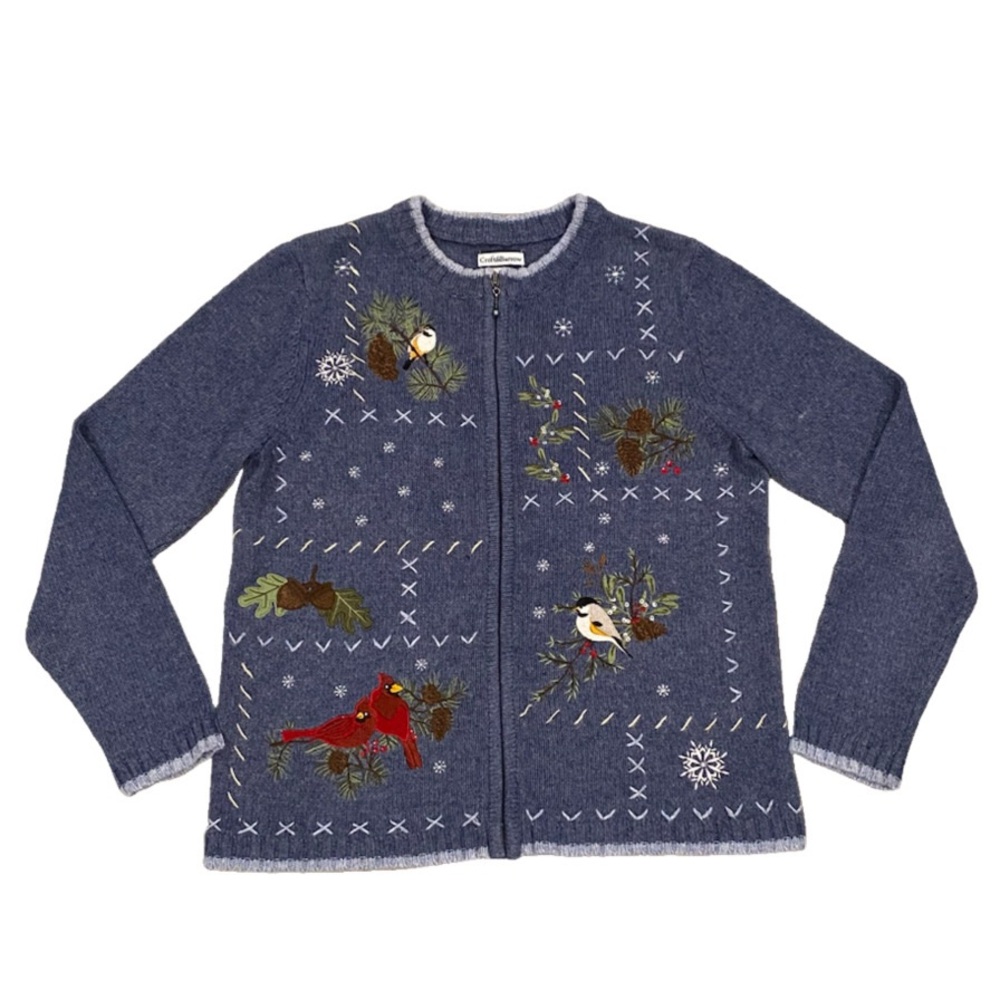 Croft & Barrow Embroidered Zip Sweater Size S Birds Cardinal Chickadee Cardigan